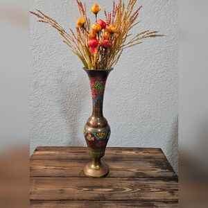 Vintage Brass Vase 12” Hand Painted Made in India Boho Colorful Enamel MC Style